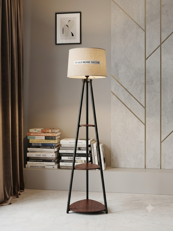 Metal floor lamp with shelf