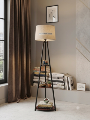 Metal floor lamp with shelf