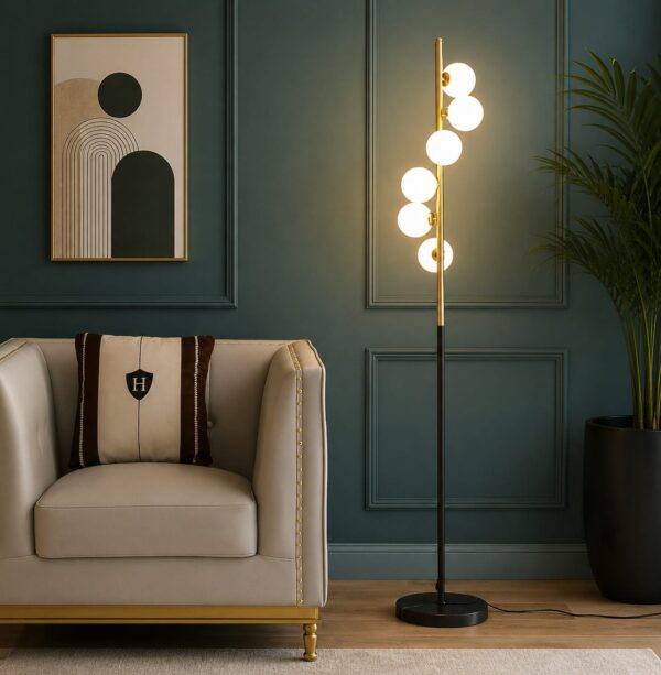Modern Black and Gold Floor Lamp, Tall Slim Design with 6 Globe Lights,