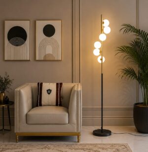 Modern Black and Gold Floor Lamp, Tall Slim Design with 6 Globe Lights,