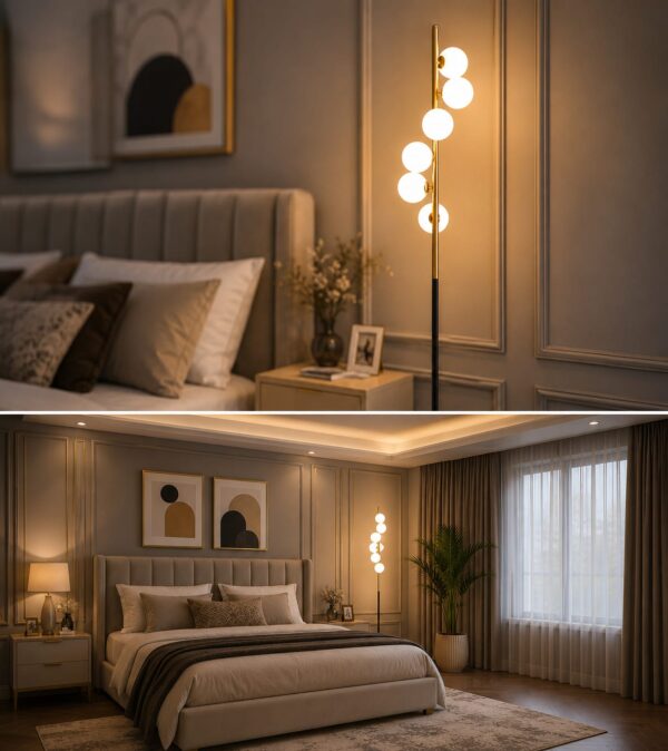 Modern Black and Gold Floor Lamp, Tall Slim Design with 6 Globe Lights,