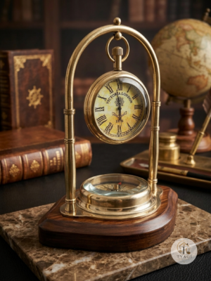 Brass table clock wooden base with compass